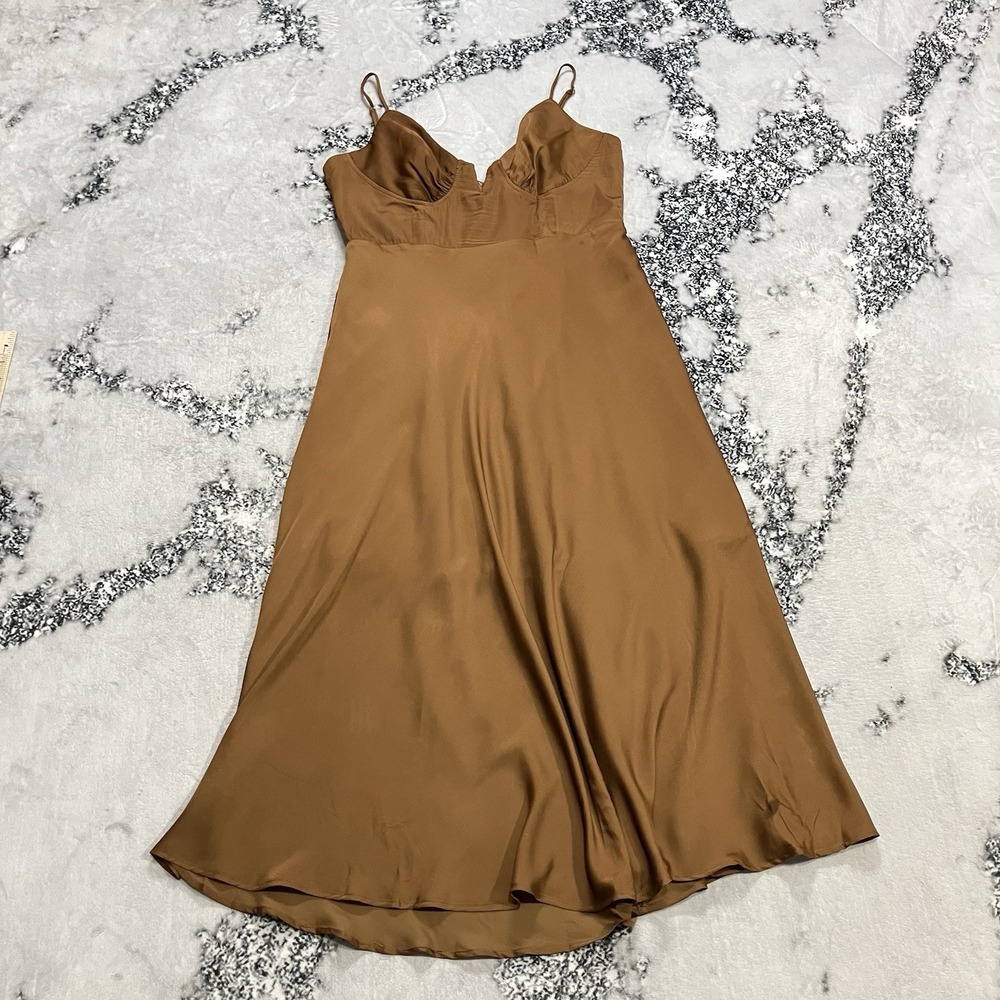 Here Comes The Sun Brown Satin Slip Midi Dress Spaghetti‎ Strap A-Line XL NWT